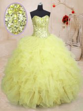 Glamorous Light Yellow Lace Up Sweetheart Beading and Ruffles 15th Birthday Dress Organza Sleeveless