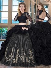 Superior Black Scoop Neckline Embroidery and Pick Ups Quinceanera Gowns Long Sleeves Backless