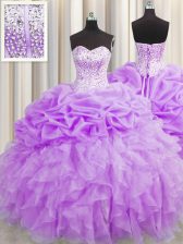 New Arrival Visible Boning Lavender Ball Gowns Sweetheart Sleeveless Organza Floor Length Lace Up Beading and Ruffles and Pick Ups Quinceanera Dresses