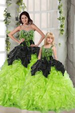 Popular Floor Length Green Quince Ball Gowns Organza Sleeveless Beading and Ruffles