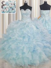 Superior Light Blue Organza Lace Up Sweetheart Sleeveless Floor Length 15th Birthday Dress Beading and Ruffles