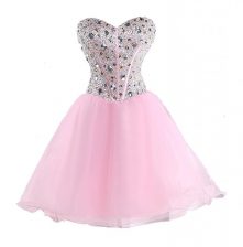 Low Price Sleeveless Organza Mini Length Lace Up Prom Party Dress in Pink with Beading