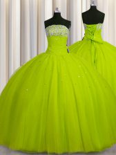  Big Puffy Organza Strapless Sleeveless Lace Up Beading and Sequins Quinceanera Gown in Yellow Green