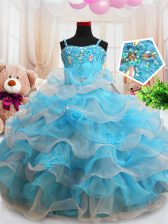 Charming Baby Blue Zipper Straps Beading and Appliques and Ruffled Layers Little Girls Pageant Dress Organza Sleeveless