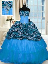 Glorious Organza and Printed Sweetheart Sleeveless Sweep Train Lace Up Beading and Ruffled Layers Quinceanera Gown in Baby Blue