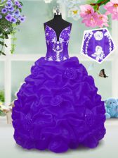  Purple V-neck Neckline Beading and Pick Ups Child Pageant Dress Sleeveless Lace Up