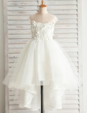  Scoop Short Sleeves Tulle High Low Zipper Kids Formal Wear in White with Appliques