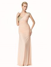 Beauteous Mermaid One Shoulder Peach Zipper Evening Dress Beading and Ruching Sleeveless Floor Length