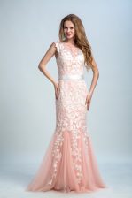  Peach Column/Sheath Bateau Sleeveless Tulle and Lace Floor Length Zipper Lace Prom Gown