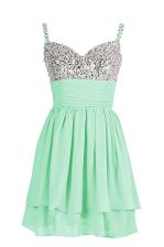  Apple Green Chiffon Zipper Evening Dress Sleeveless Mini Length Beading and Ruching