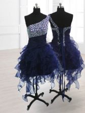  One Shoulder Sleeveless Lace Up Prom Evening Gown Navy Blue Organza