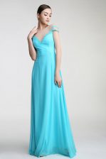  Aqua Blue Chiffon Zipper Scoop Short Sleeves Floor Length Prom Evening Gown Appliques and Bowknot