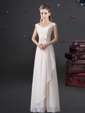 Floor Length White Dama Dress for Quinceanera Chiffon Cap Sleeves Lace and Bowknot