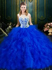 Clearance Royal Blue Ball Gowns Scoop Sleeveless Tulle Floor Length Zipper Lace and Ruffles Quinceanera Gowns