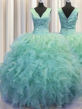 Superior V Neck Zipper Up Sleeveless Organza Floor Length Zipper 15 Quinceanera Dress in Turquoise with Ruffles