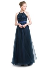 On Sale Halter Top Navy Blue Tulle Zipper Dress for Prom Sleeveless Floor Length Beading