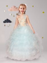 Unique Halter Top Sleeveless Organza Floor Length Lace Up Flower Girl Dresses in Apple Green with Beading and Ruffles and Hand Made Flower