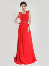 Best Coral Red Sleeveless Floor Length Beading and Ruching Zipper Dress for Prom