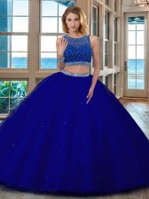 Custom Made Royal Blue Quince Ball Gowns Military Ball and Sweet 16 and Quinceanera with Beading Scoop Sleeveless Backless