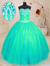 Dynamic Turquoise Tulle and Sequined Lace Up Quinceanera Dresses Sleeveless Floor Length Beading and Appliques