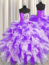 Luxury White And Purple Ball Gowns Sweetheart Sleeveless Organza Floor Length Lace Up Beading and Ruffles and Ruching 15th Birthday Dress