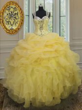 Great Straps Light Yellow Sleeveless Floor Length Beading and Ruffles Zipper Quince Ball Gowns