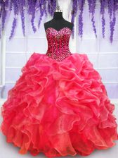 Smart Red Lace Up 15th Birthday Dress Beading and Appliques and Ruffled Layers Sleeveless Floor Length