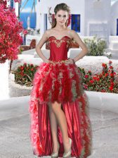 Hot Sale Red Ball Gowns Sweetheart Sleeveless Organza High Low Lace Up Appliques and Ruffles Prom Party Dress
