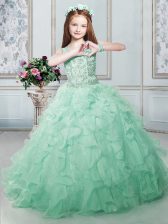  Floor Length Apple Green Little Girls Pageant Gowns V-neck Sleeveless Lace Up