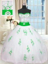Beautiful White Tulle Lace Up Sweetheart Sleeveless Floor Length Quinceanera Gown Appliques and Belt