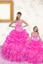 Classical Hot Pink Organza Lace Up Sweetheart Sleeveless Floor Length Sweet 16 Dress Beading and Ruffles and Pick Ups