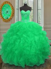 Best Beading and Embroidery and Ruffles Quinceanera Dress Green Lace Up Sleeveless Floor Length