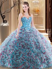 Graceful Sweetheart Sleeveless Brush Train Lace Up Quinceanera Gown Multi-color Fabric With Rolling Flowers