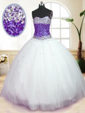 Classical White And Purple Sweetheart Neckline Beading Quinceanera Gown Sleeveless Lace Up