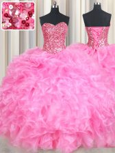  Sweetheart Sleeveless Organza Ball Gown Prom Dress Beading and Ruffles and Sequins Lace Up