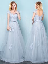 Romantic Scoop Light Blue Cap Sleeves Floor Length Appliques and Belt Lace Up Court Dresses for Sweet 16