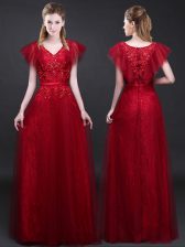 Charming Lace Short Sleeves Zipper Floor Length Appliques and Belt Prom Evening Gown