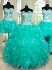  Four Piece Floor Length Turquoise Quinceanera Gown Sweetheart Sleeveless Lace Up