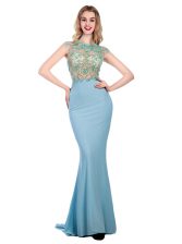 Top Selling Scoop Sleeveless Sweep Train Zipper Prom Party Dress Light Blue Silk Like Satin