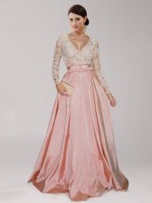 Fantastic Peach Long Sleeves Asymmetrical Beading and Belt Zipper Prom Dress