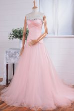  Sweetheart Sleeveless Prom Gown With Train Sweep Train Beading and Ruching Pink Organza