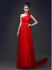  Floor Length Red Prom Party Dress One Shoulder Sleeveless Zipper