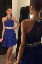 Unique Scoop Sleeveless Evening Dress Mini Length Beading Royal Blue Chiffon