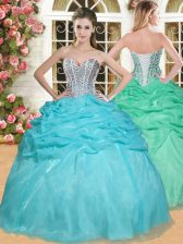  Sleeveless Organza Floor Length Lace Up Ball Gown Prom Dress in Aqua Blue with Beading and Pick Ups