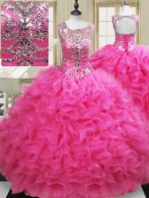  Hot Pink Ball Gowns Organza Scoop Sleeveless Beading and Ruffles Floor Length Lace Up Quinceanera Dresses