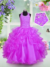  Ruffled Halter Top Sleeveless Lace Up Little Girl Pageant Dress Lilac Organza