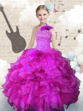 Eye-catching One Shoulder Fuchsia Sleeveless Organza Lace Up Little Girls Pageant Gowns for Party and Wedding Party