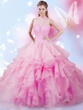 Excellent Rose Pink Lace Up High-neck Beading and Ruffles Quinceanera Gowns Tulle Sleeveless