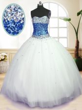 Glorious Sleeveless Tulle Floor Length Lace Up Quinceanera Dresses in White with Beading