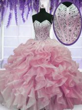 Discount Floor Length Lace Up Quinceanera Gown Rose Pink for Military Ball and Sweet 16 and Quinceanera with Beading and Ruffles